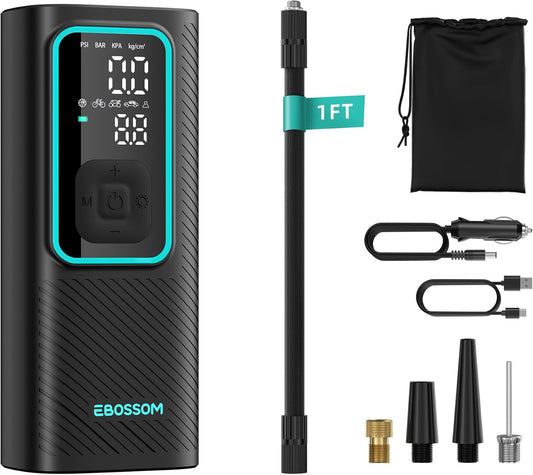 Tire Inflator Portable Air Compressor, 150 PSI Mini Car Air Pump with 6000mAh Battery,12V DC, Pressure Gauge, Cordless Tire Inflator Rechargeable with Display & LED for Car, Motocycle, Bikes, Balls