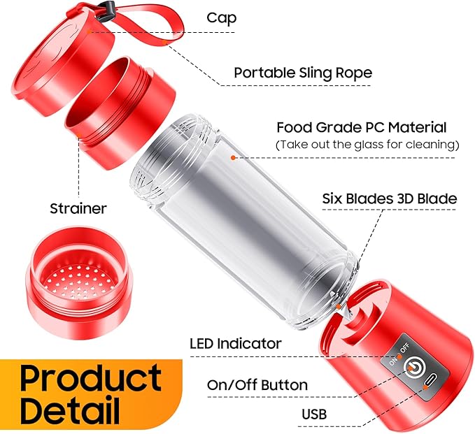 Personal Blender for Shakes and Smoothies - 2025 New Upgrade Cordless Portable Blender USB-C Rechargeable, 380Ml BAP Free Juice Cup, 6 Blades Freshly Squeezed for Picnic/Sprots, 20000Rpm/Min Speed