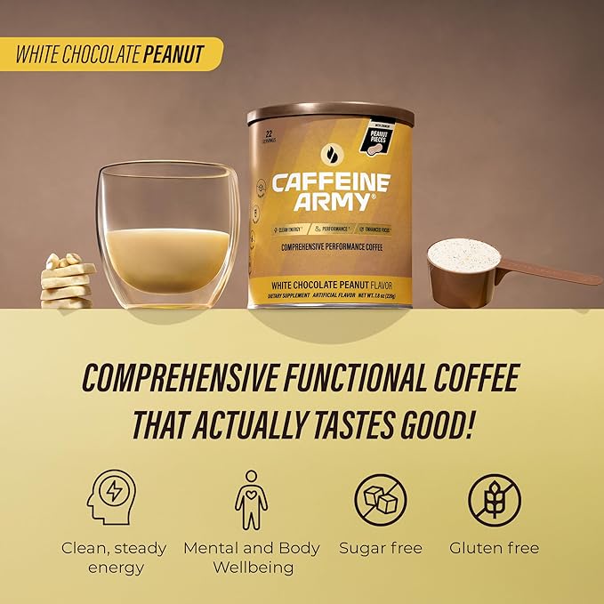 CAFFEINE ARMY White Chocolate Peanut | Comprehensive Functional Coffee with MCTs, CoQ10, Collagen and Adaptogens: Clean Energy + Supports Daily Attention, No Jitters or Crash (13.4 oz 38 Servings)