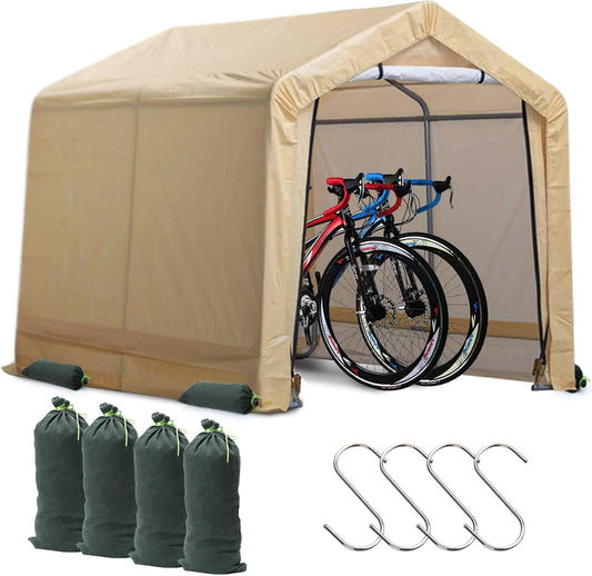 6x6 ft Heavy Duty Outdoor Storage Shed with Roll-up Zipper Door S-Hooks and Sandbags, Waterproof and UV Resistant Portable Garage Carport, Motorcycle Bike ATV Tent Shed, Yellow