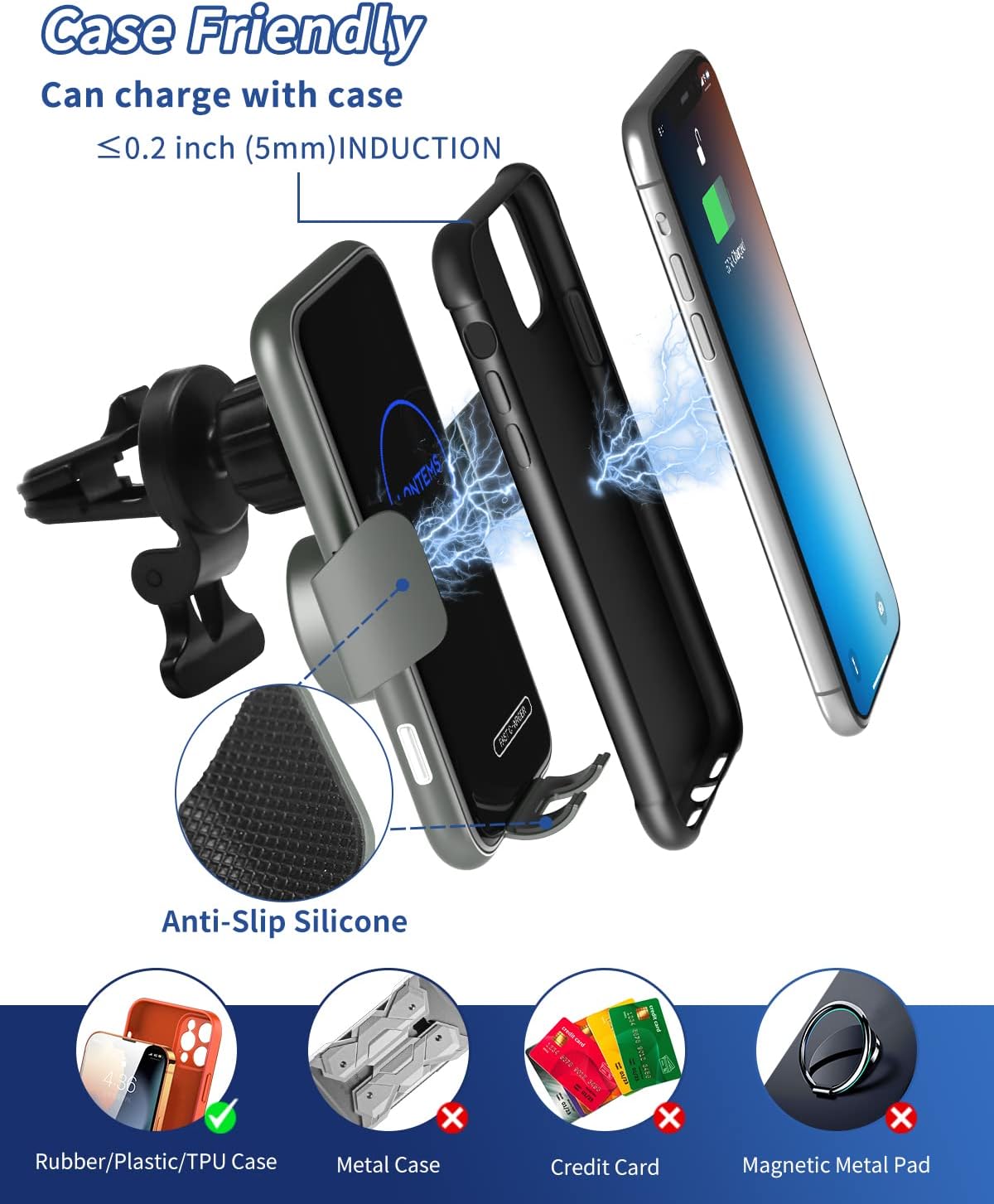 15W Car Mount Charger Qi Fast Wireless Charging Phone Mount, Windshield Dashboard Air Vent Auto Clamping Phone Holder for iPhone 11 12 13 14, 15, 16 Max Xs, Samsung S21 S22, S20, S10+ etc, Google Grey