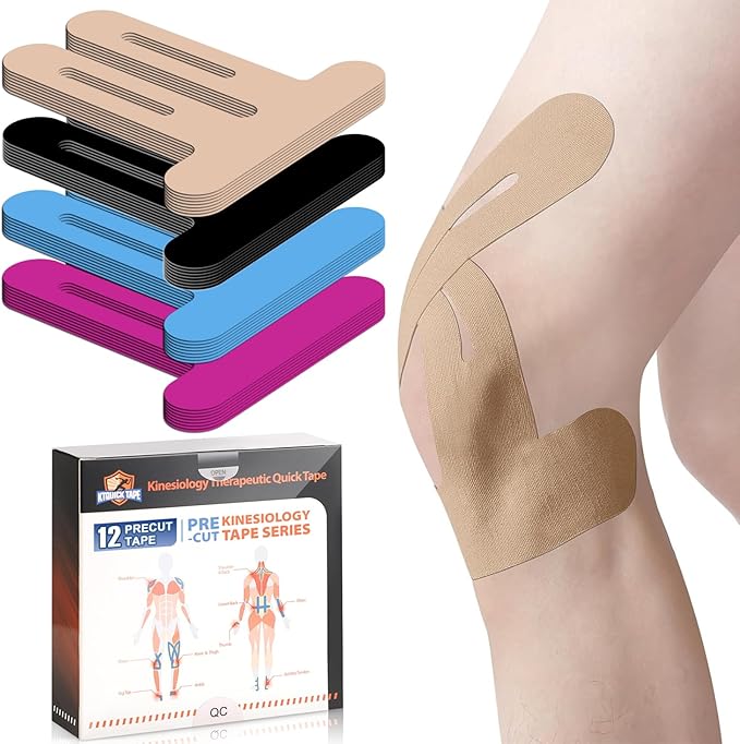 Kinesiology Tape for Knees Pre Cut, 12 PCS Upgrade KTQUICK Knee Tape For Knee Pain Relief Pre Cut, Original Cotton Knee Tape, Flexible & Durable Sports Tape for Support & Comfort During Workouts,Beige