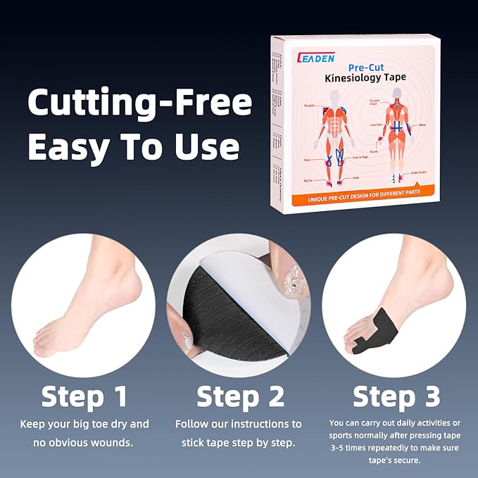 IEADEN Precut Kinesiology Tape for Bunion, 40 Pcs, Bunion Corrector & Relief, Big Toe Support and Pain Relief, Breathable Hypoallergenic Latex-Free Tape (Black)