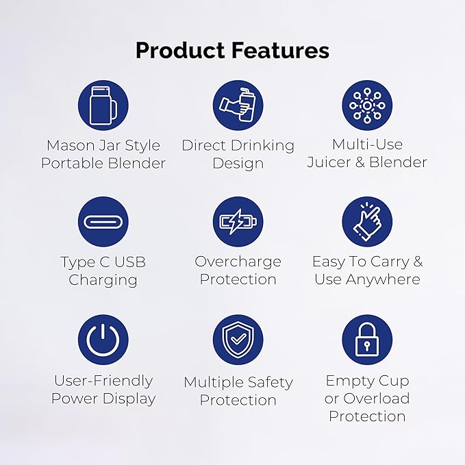 Personal Portable Blender For Shakes & Smoothies, Leakproof & Stylish Portable Mason Jar Shaker, Rechargeable Mini Blender with 10-Blade Blending System 14oz, Dark Blue