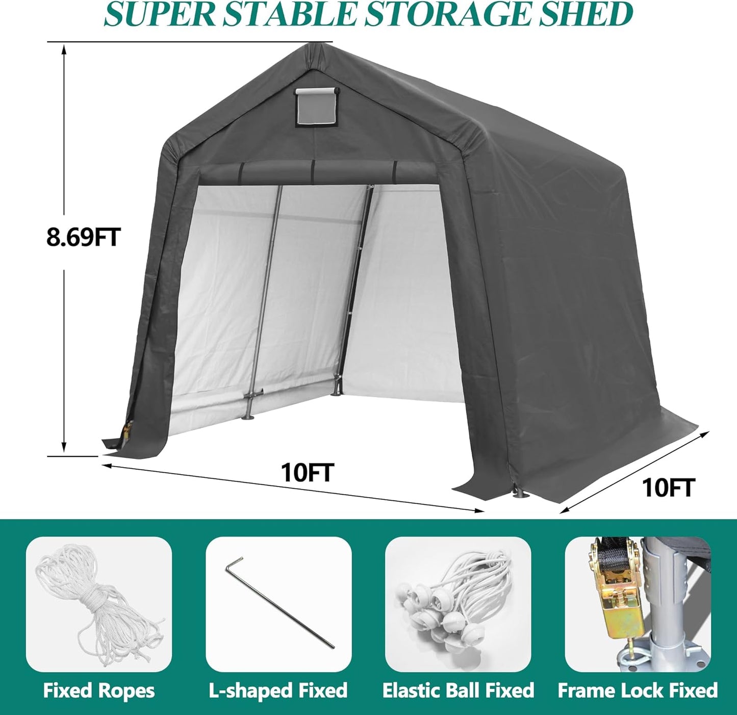 10' x 10' Outdoor Storage Shelter - Heavy Duty Storage Tent with Roll-up Ventilated Windows, Portable Garage Zipper Storage shed for Bike, Motorcycle Shelter, ATV, Weeding Tools
