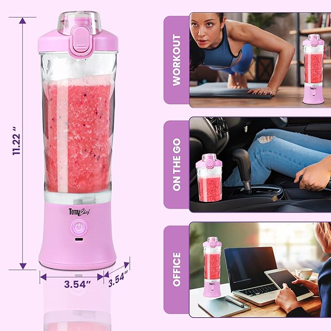 Total Chef Smoothie Portable Blender Personal Mini Juicer for shakes and smoothies travel blender Lid Type-C USB Rechargeable Leakproof Pink