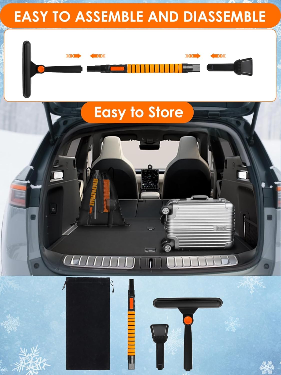 90° Fixed Rotation 3-in-1 Car Snow Brush and Ice Scraper for Cars Windshield with Silicone Squeegee Ergonomic Aluminum Foam Grip Handle 43.3" Extendable for Car Truck SUV Home Winter Snow Removal