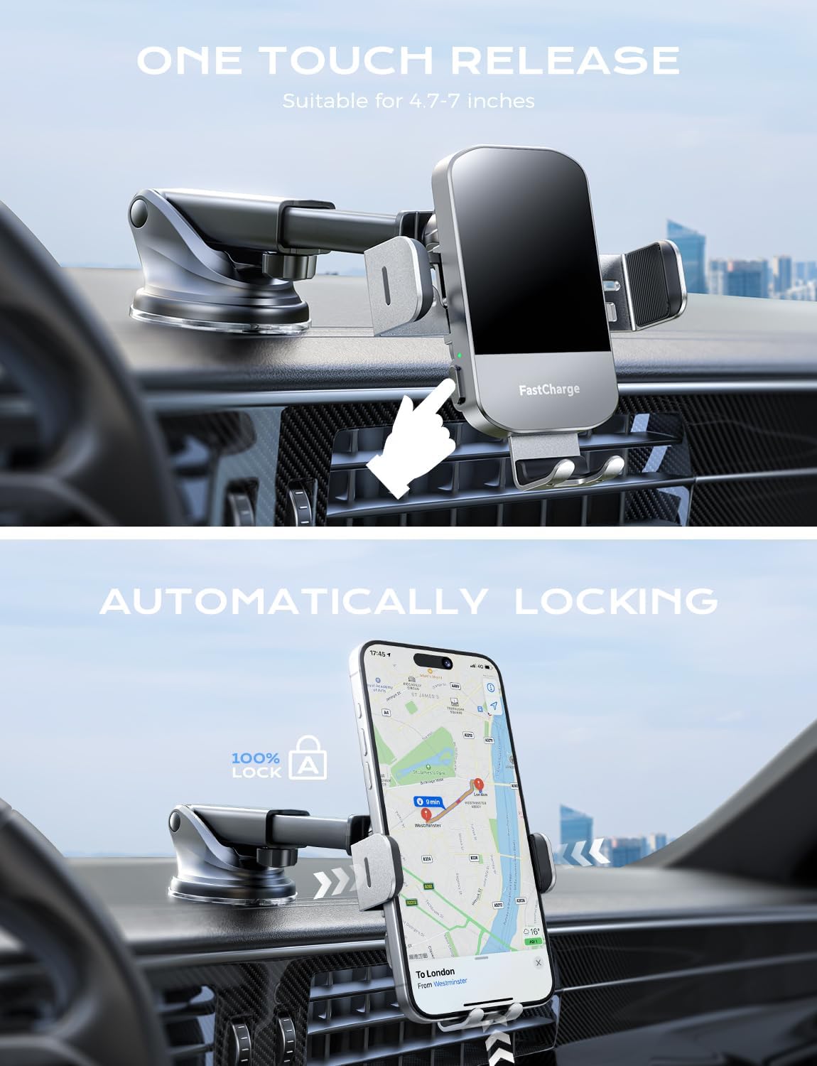 CHGeek Wireless Car Charger, 15W Fast Charging Auto Clamping Car Charger Phone Mount Phone Holder fit for iPhone 15 14 13 12 11 Pro Max Xs, Samsung Galaxy S25 Ultra S24 S23 S22, S21, S20, Silvery