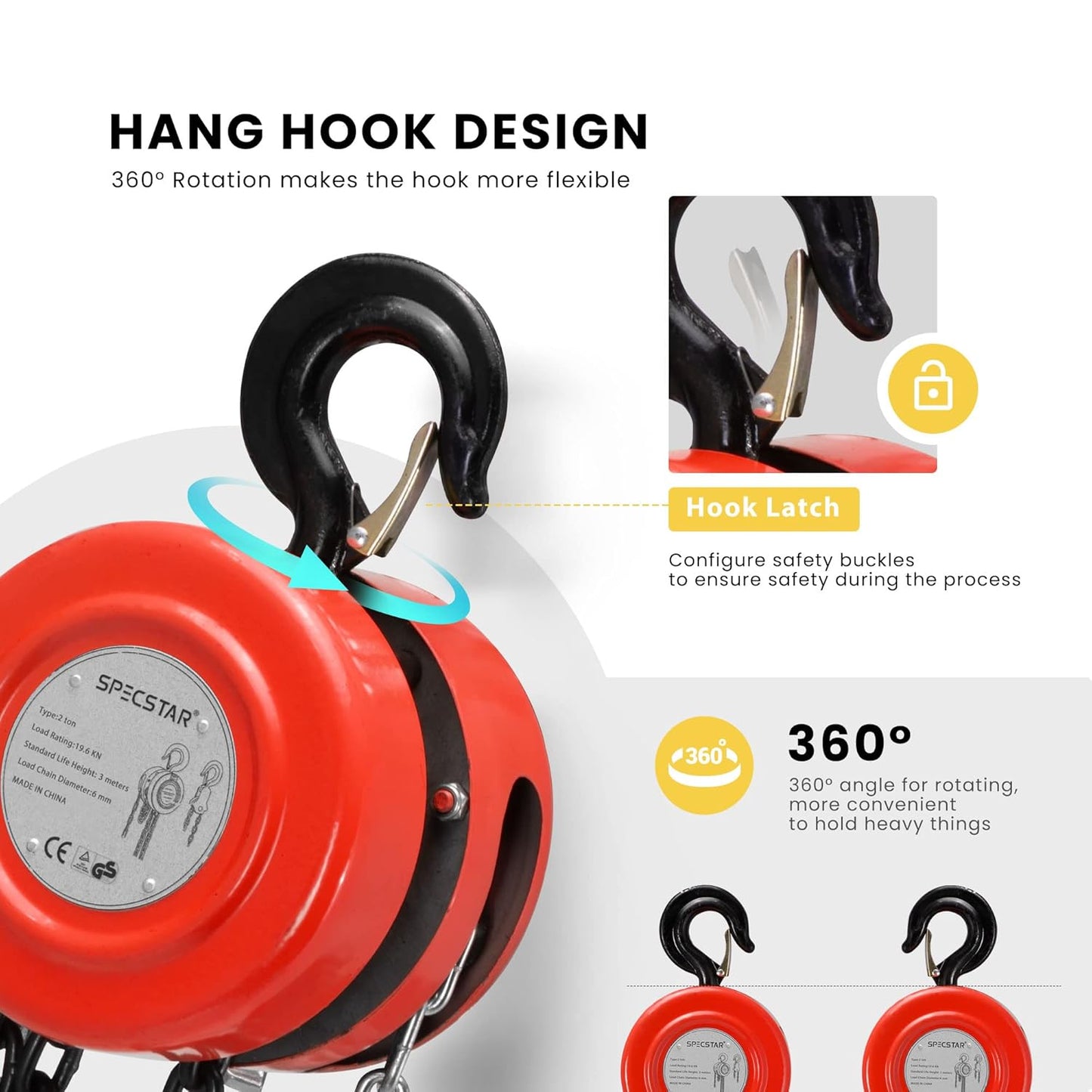 SPECSTAR Hand Chain Hoist 1 Ton 2200 Lbs Capacity 10 Feet with 2 Heavy Duty Hooks, Manual Chain Fall for Warehouse Building Automotive Machinery Red