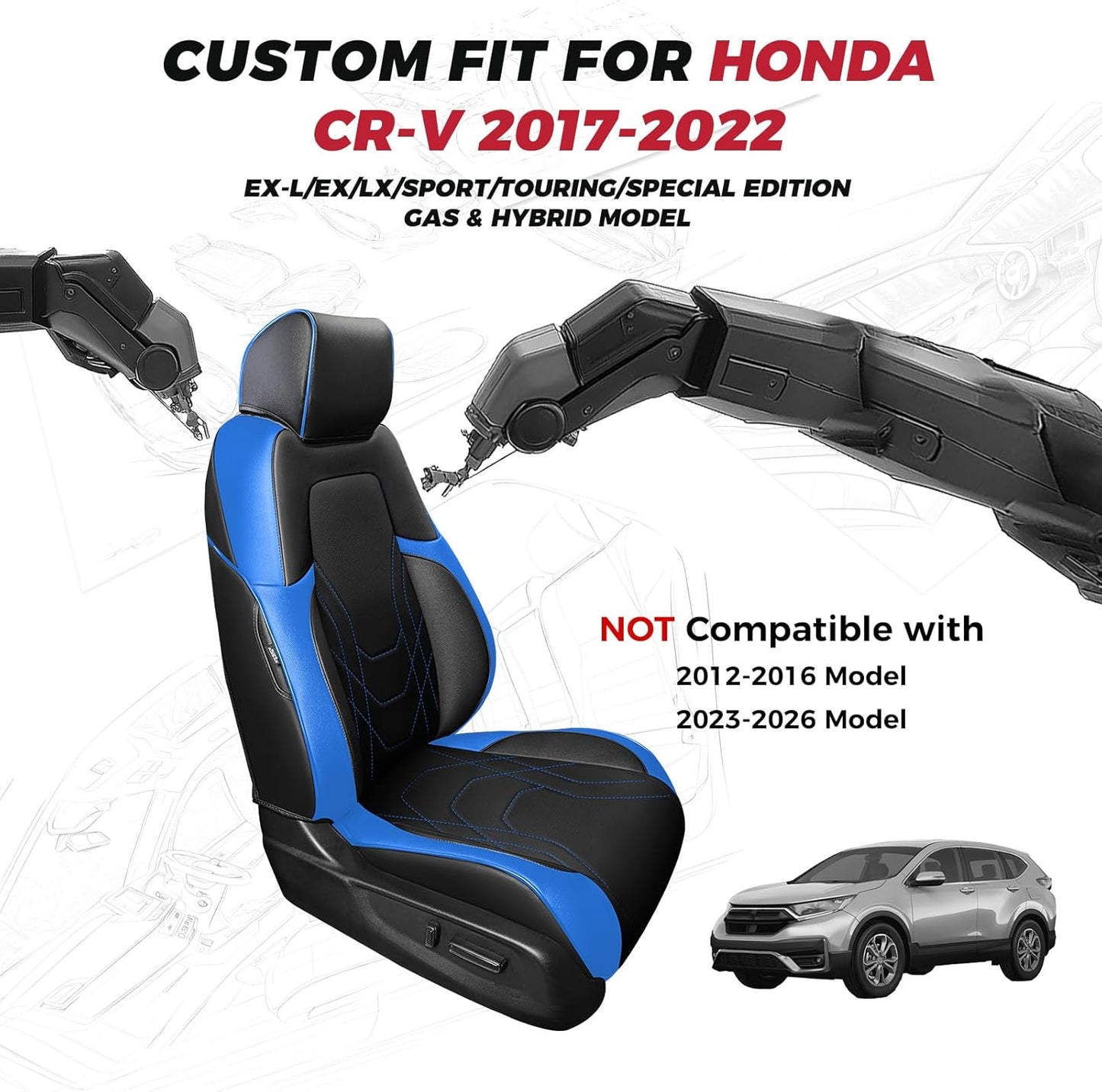 FREESOO CRV Seat Covers Full Set, for Honda CRV LX EX EX-L Sport Touring Hybrid 2017 2018 2019 2020 2021 2022, Custom Fit Car Seat Covers, Waterproof Leather Seat Covers, Black & Blue
