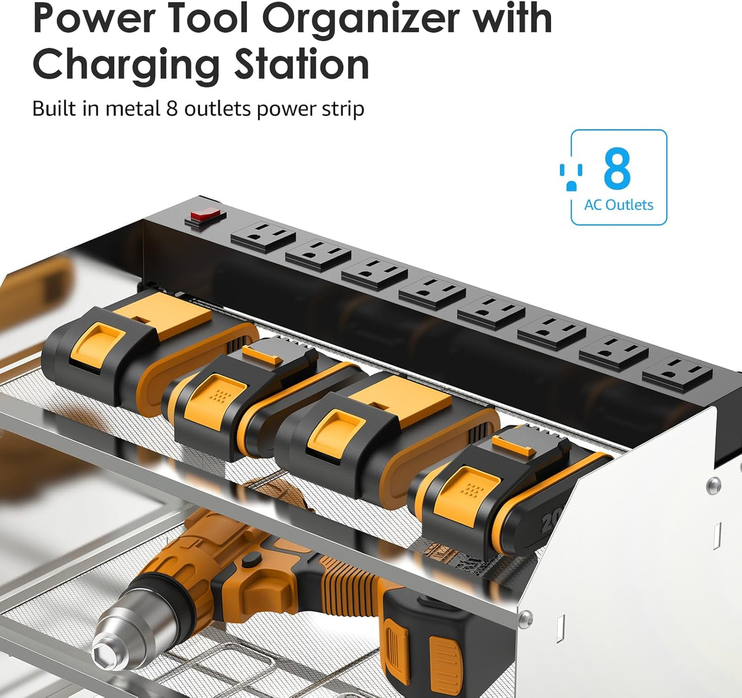 CCCEI Modular Power Tool Organizer Wall Mount with Charging Station. Garage 4 Drill Storage Shelf with Hooks, Drill Bit Heavy Duty Rack, Silver Tool Battery Holder Built in 8 Outlet Power Strip.