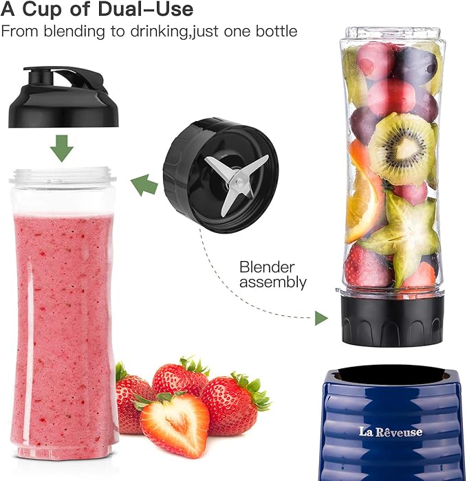 La Reveuse Smoothies Blender Personal Size 300 Watts with 18 oz BPA-Free Portable Travel Sports Bottle,Navy