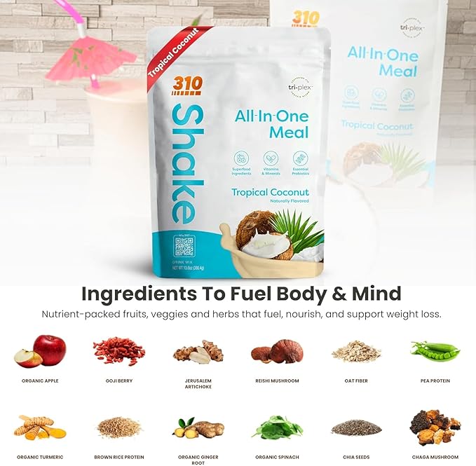 310 Nutrition All-In-One Meal Replacement Shake Powder - Plant-Based Protein Smoothie Blend w/High Fiber, Probiotics & Adaptogens - Low Carb, Vegan, Keto & Paleo Friendly - Tropical Coconut - 14 Srv