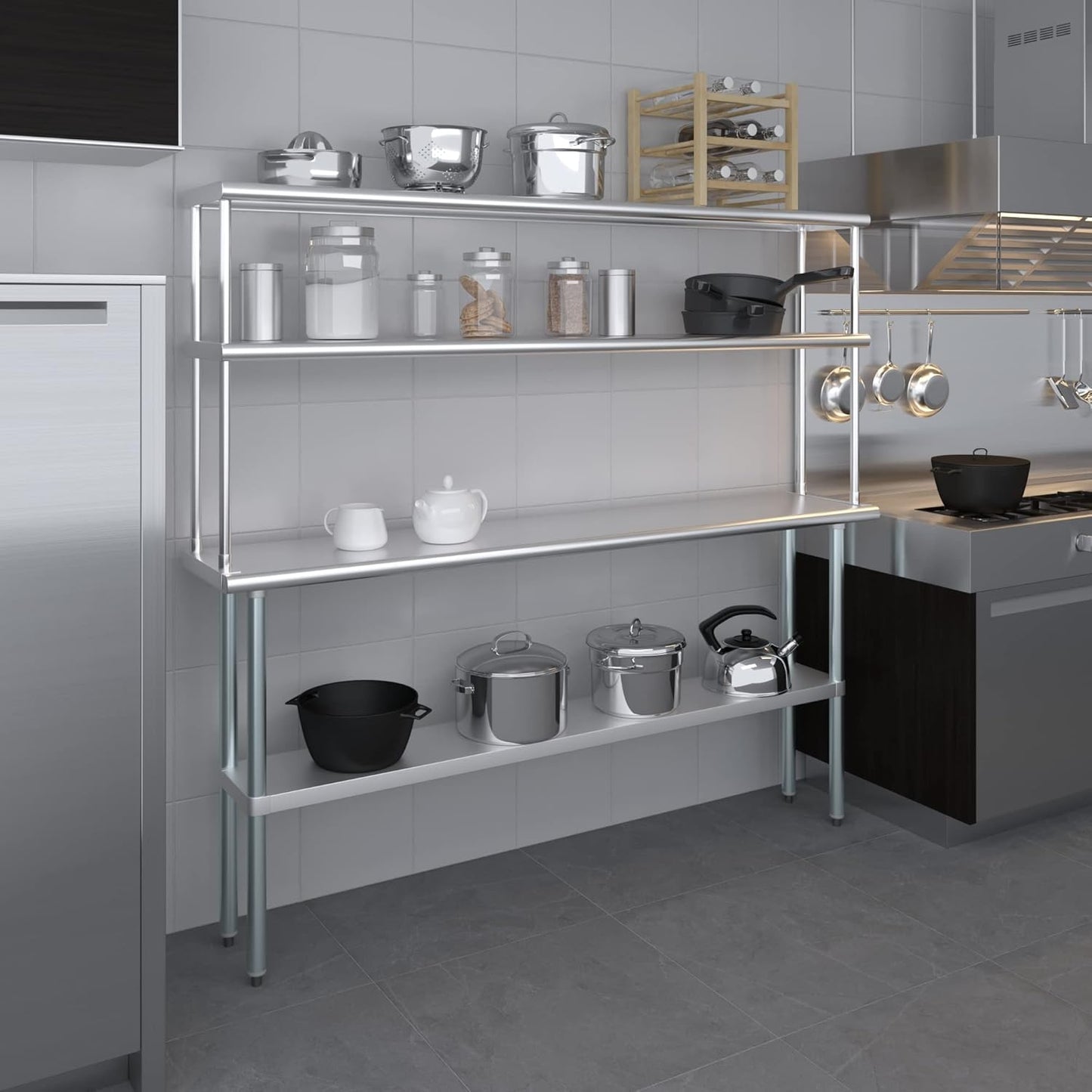 Amgood Stainless Steel Work Table Double Tier Overshelf | NSF (14" x 72" Work Table + 12" Overshelf)