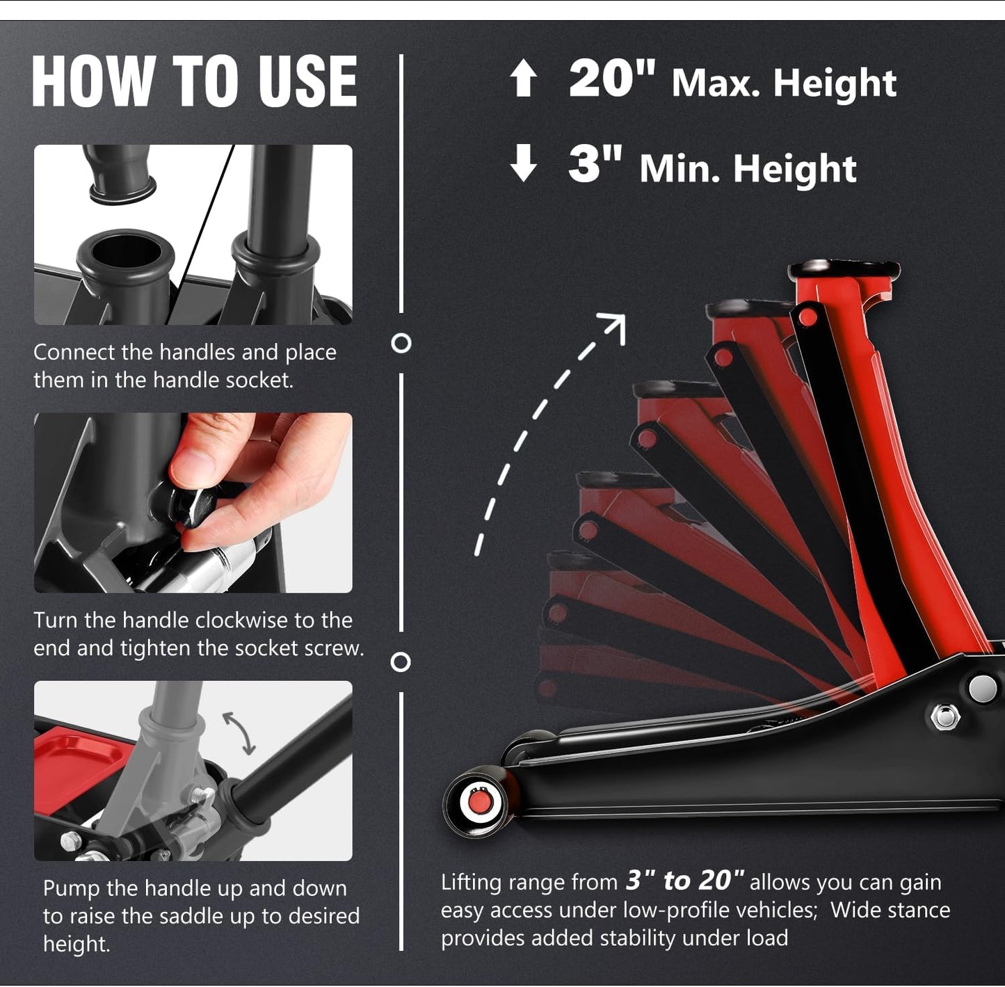 DNA MOTORING Floor Jack 3 Ton (6000 lbs) Capacity, Fast Lift Service Jack Low Profile Steel Heavy Duty Hydraulic Car Jack, Lifting Range 3"-20", Black, TOOLS-00475-BK