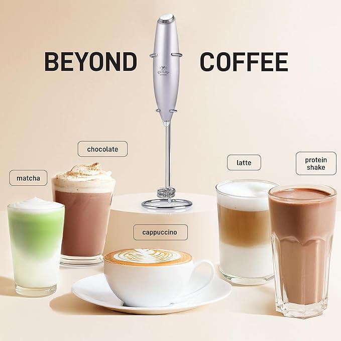 Zulay Kitchen Powerful Double Whisk Milk Frother Handheld - Foam Maker With Stand - Whisk Drink Mixer for Coffee, Mini Foamer for Latte, Matcha, Frappe, Hot Chocolate & Cappuccino (Silver)