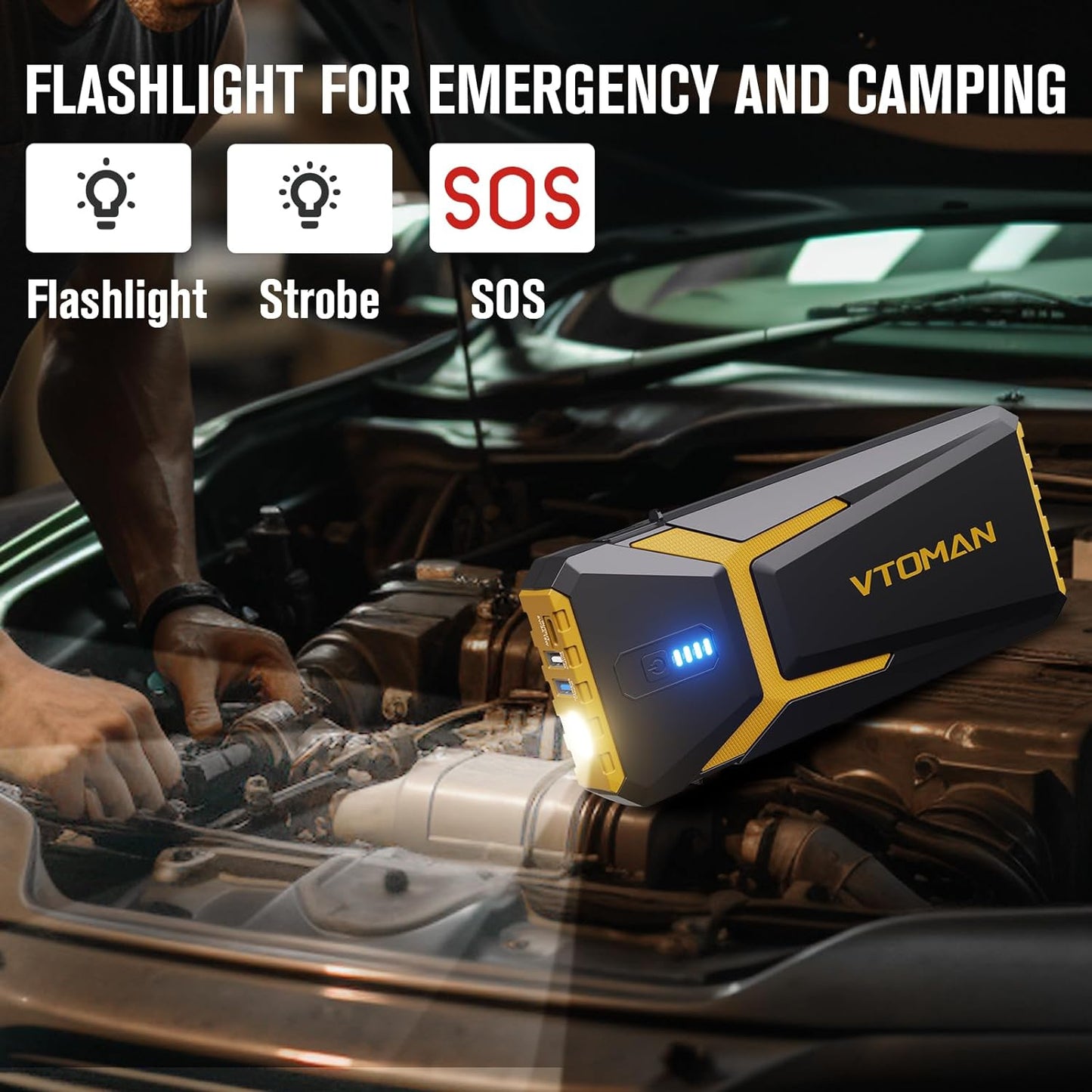 VTOMAN V10 Pro 4500A Jump Starter, Portable Car Starter (All Gas, 10.0L Diesel Engine) 12V Lithium Jump Box, Battery Booster Power Pack, Car Battery Charger Jumper with Type C Quick Charge, LED Lights