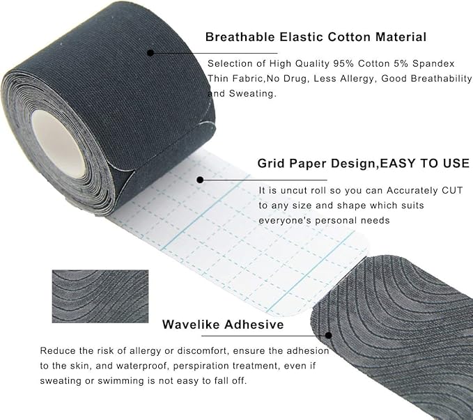 MUEUSS Kinesiology Tape,Sports Tape,Athletic Tape Elastic Cotton Precut Strips,Waterproof Tape for Protects Muscles,Knees,Shoulders Plantar Fasciitis Pain Relief,Pregnancy Belly Tape (2 Rolls Black)