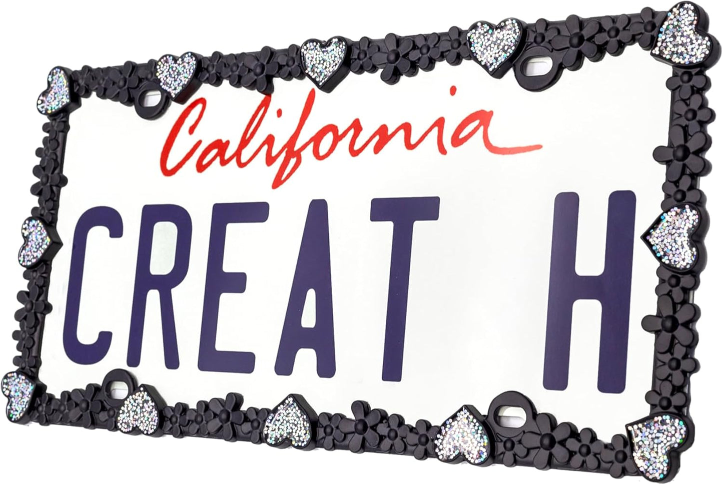 Creathome 3D Shining Daisy Heart License Plate Frame from Pure Zinc Alloy Metal Perfect Plate Holder, Matt Black with Silver Glitter Luminously Heart
