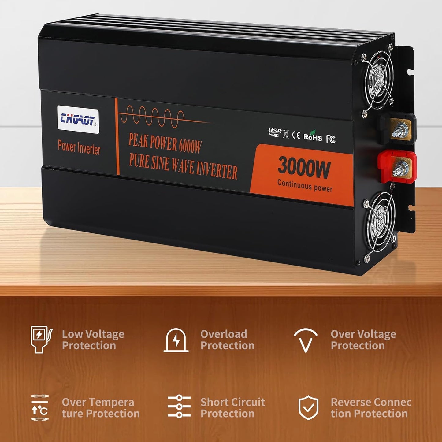 3000W Pure Sine Wave Inverter 12V DC to 120V AC Converter for Home, RV, Truck, Off-Grid Solar Power Inverter with Built-in 5V/2.1A USB, Reliable Cable, Remote Controller