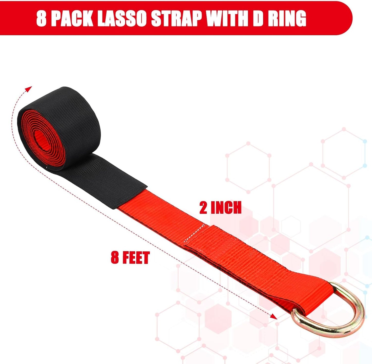 8Pack 2'' X 8ft Tow Truck Straps Lasso Wheel Lift Straps Lasso Tow Strap with D Ring 11, 000 Lbs Break Strength Auto Tie Down Auto Hauler for Trailer Truck Tie