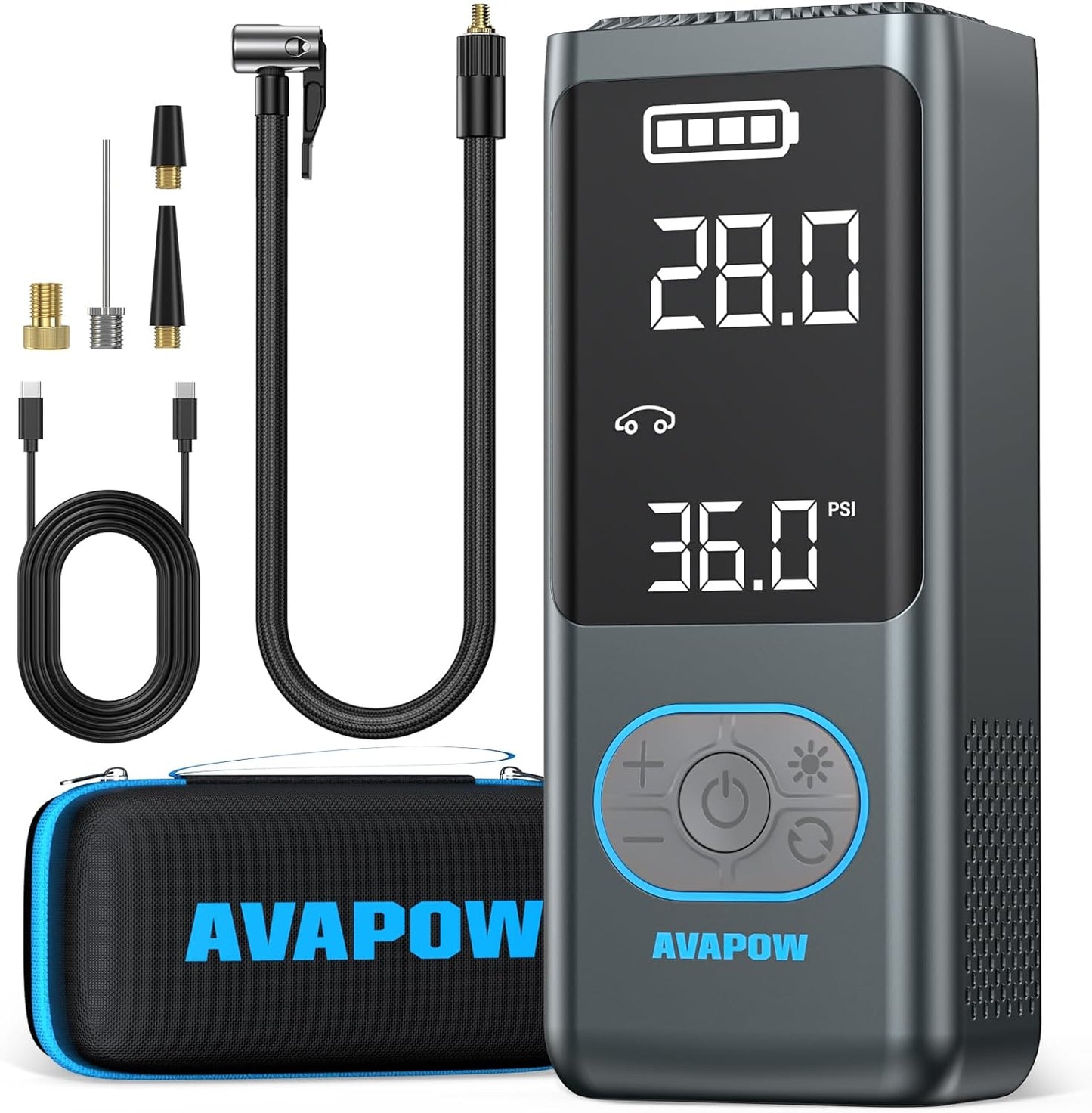 AVAPOW AP18 Tire Inflator Portable Air Compressor, 300% Faster 150 PSI Cordless Air Pump with Tire Pressure Gauge, 3.7″ Dual LCD Screen, Auto-Shuts Off Tire Pump for Car, Motorcycle, Bicycle, Blue