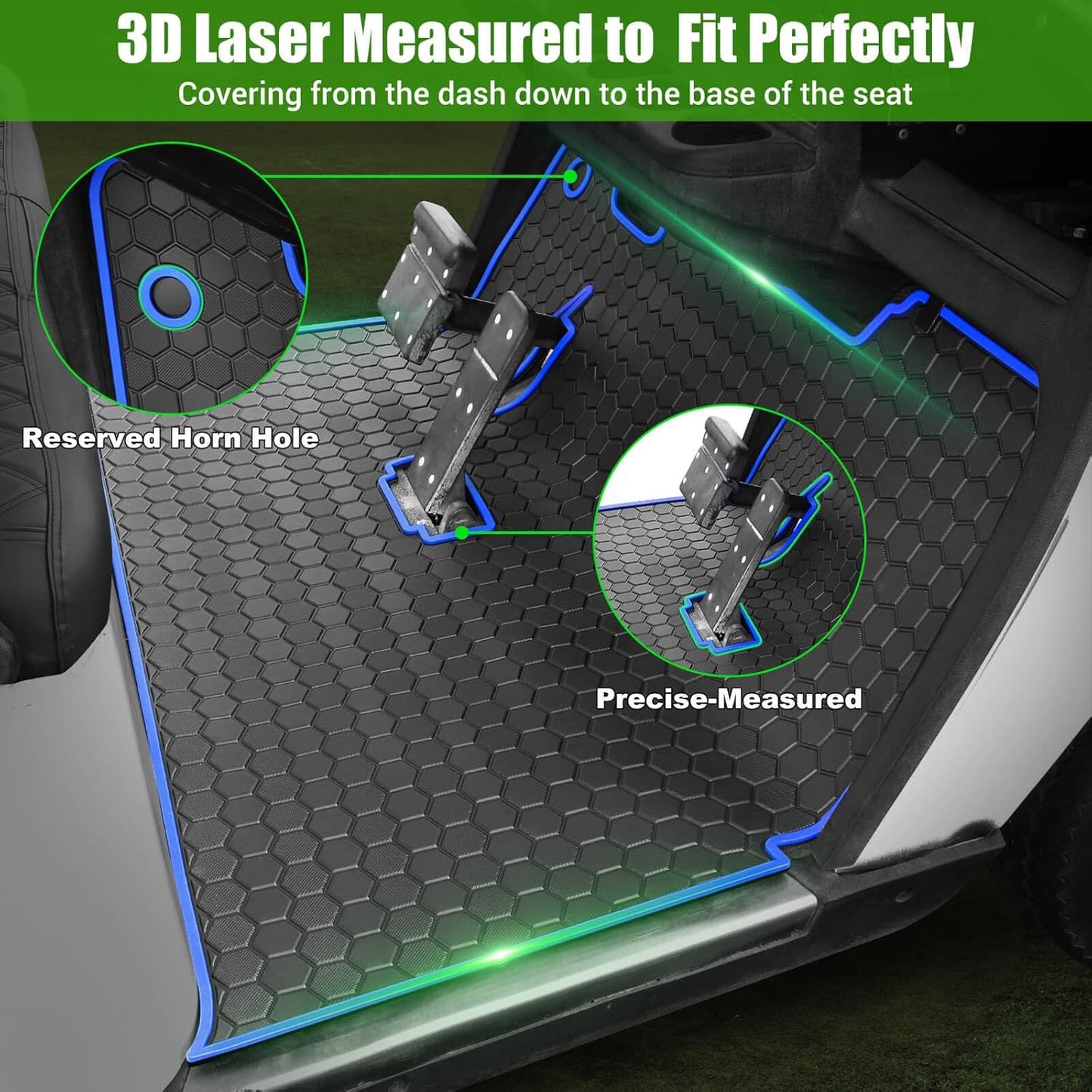 EZGO TXT Golf Cart Full Coverage Floor Liner Mat, fits EZGO TXT (1994+), Valor(1994+), Express S4(2012-2020), Cushman Workhorse, EX1(2020), Thick Anti-Slip Rubber, Blue Trim