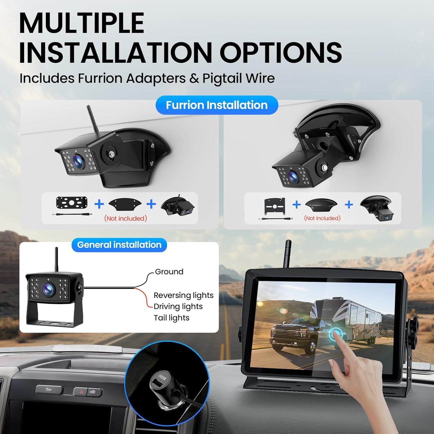 RV Backup Camera, Vehicle Backup Cameras with 7-Inch Touchscreen Monitor, Wireless HD 1080P, 4-Channel System, IR Night Vision, Waterproof Rearview Camera for RV, Truck, Van, SUV, Trailer