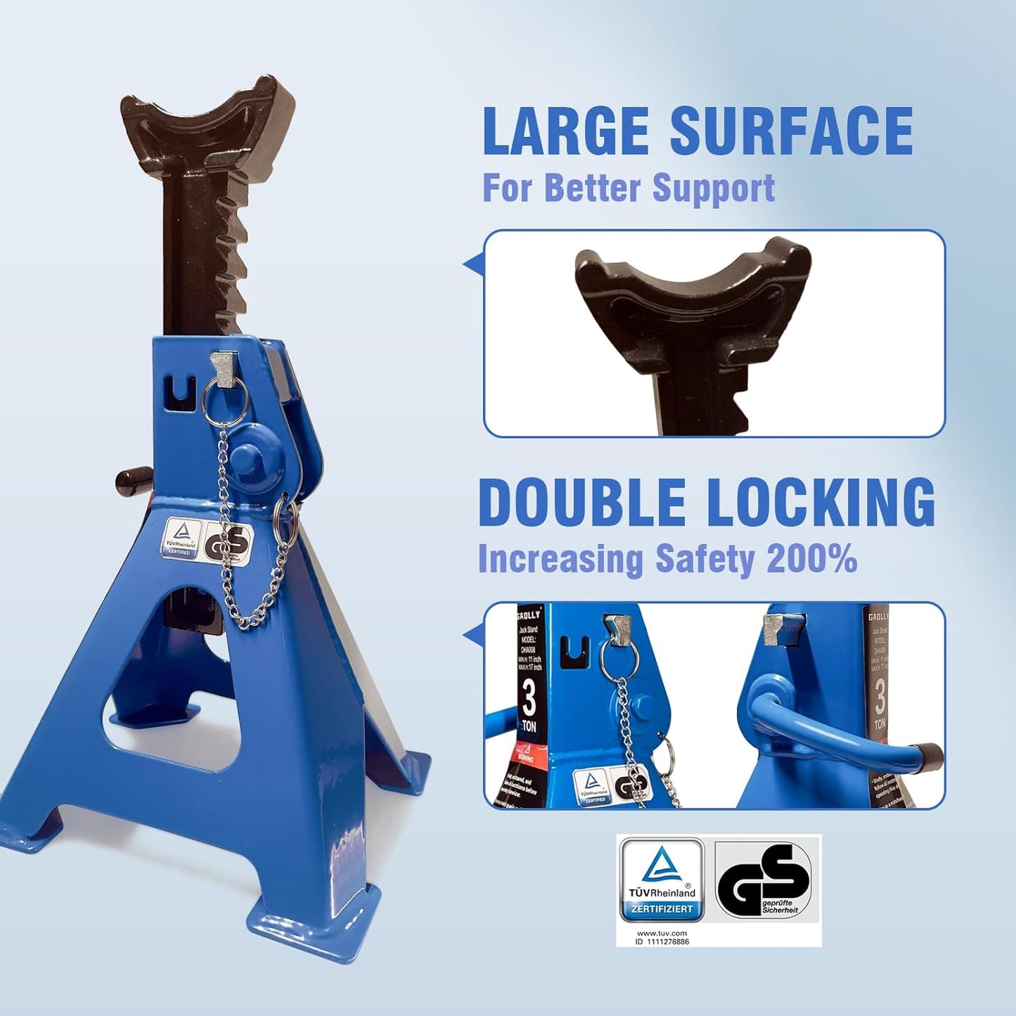 Car Jack Stands 3 Ton with Double Locking and Large Foot Base for Lifting Cars,SUVS,MPVS, Heavy Duty Steel, 6600 lb Capacity, 1 Pair, Blue