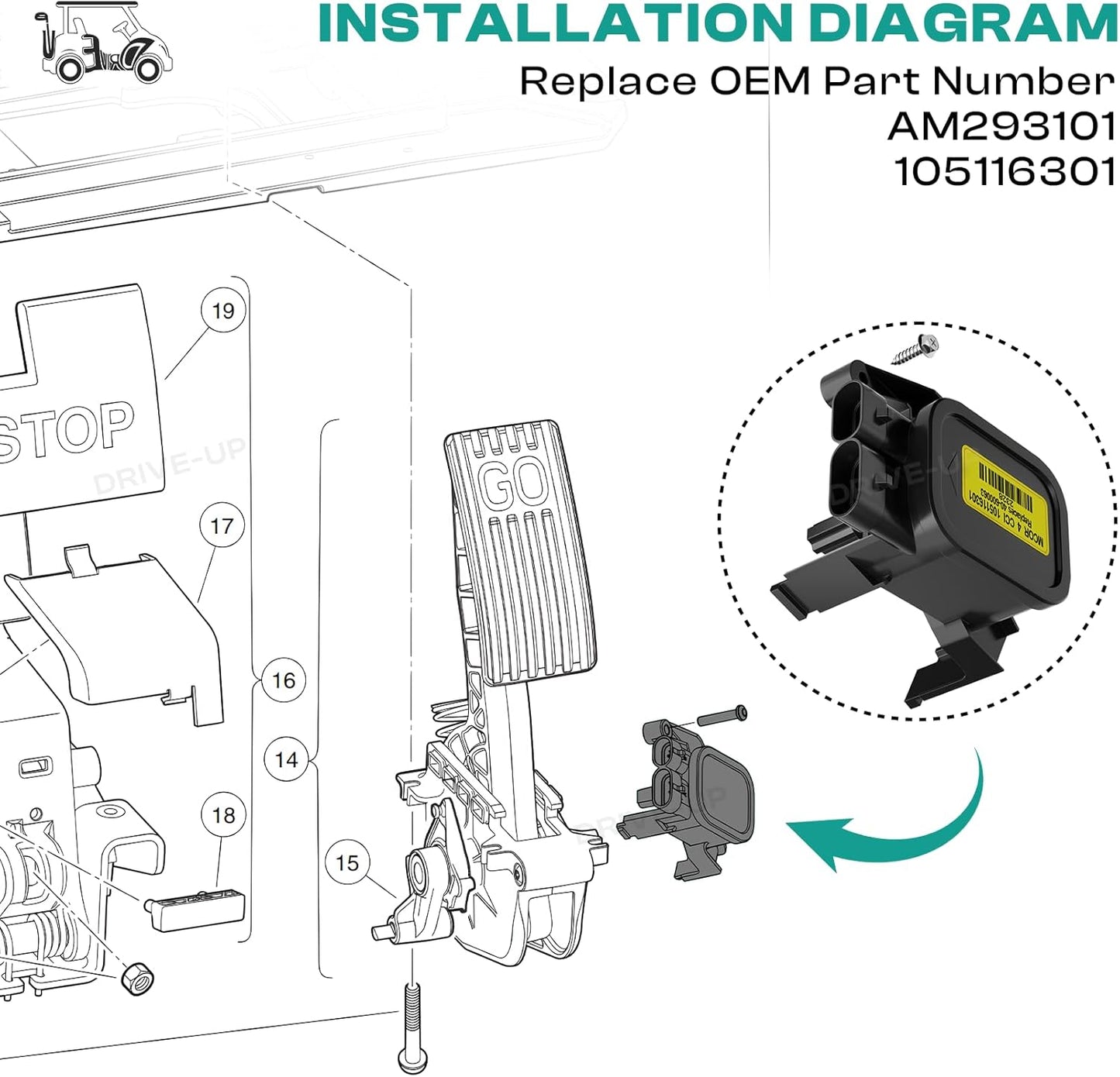 Drive-up Club Car MCOR 4, Golf Cart MCOR 4 Conversion Throttle Potentiometer Fits for Club Car Precedent, DS, Carryall, Tempo Golf Carts, OEM# AM293101, 105116301