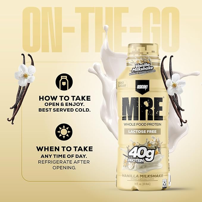 REDCON1 MRE Ready to Drink Protein Shake, Vanilla Milkshake - Lactose + Whey Free RTD 40gr Protein Made with Real Whole Food Protein Blends - Keto-Friendly, Easy to Digest Nutritional Shake (12 Pack)