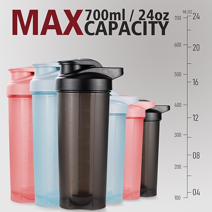 6 Pack Protein Shaker Bottles for Protein Mixes, Shaker Cups for Protein Shakes, 3 pcs 24 oz and 3 pcs 20 oz (Multicolor)
