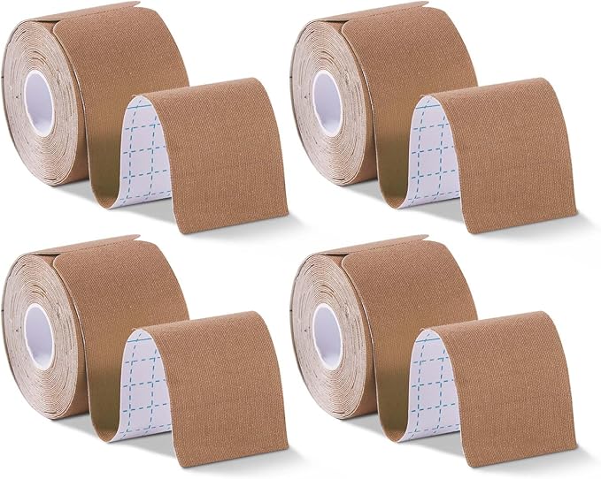 OBTANIM Waterproof Kinesiology Tape 4 Rolls Precut Strips Elastic Athletic Tape Muscle Pain Relief Sports Tape for Knee Fitness Running Tennis Swimming (Brown)