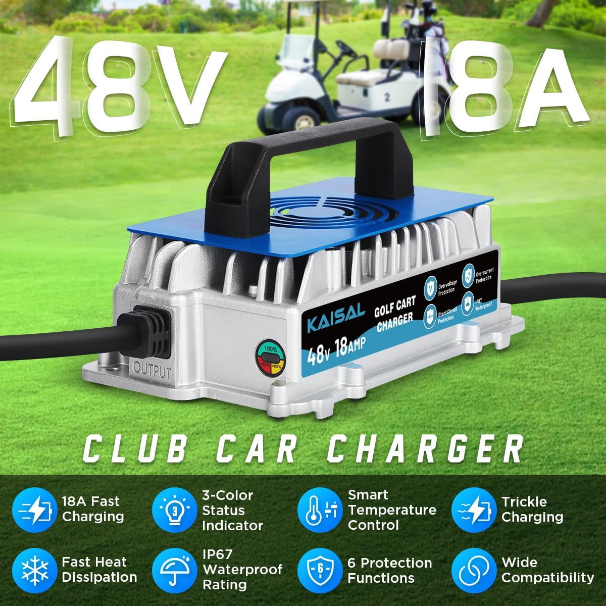 Club Car Charger 48V 18A Smart 1250W Golf Cart Battery Charger 48 Volt, IP67 Waterproof, 4-6 hrs Full Charge, 16FT Cable, for All Years 48V Club Car Golf Cart 48 Volt with Lead-Acid Battery