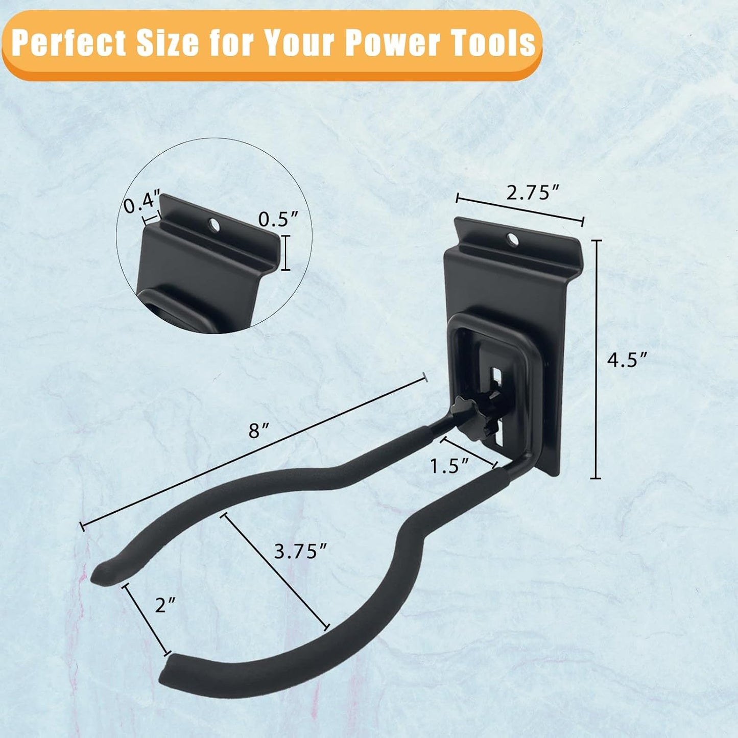 Adjustable Slatwall Hooks, Lockable Slatwall Weedeater Hanger, String Trimmer Hanger, Power Tool Hanger for slatwall Accessories, Utility Hooks for Garage Storage 8"" 4 Pcs, Black