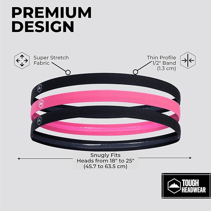 Tough Headwear Athletic Headband Set - Thin Headbands for Women - Elastic Sport Hair Bands Men - Skinny Sports Hairbands - Non Slip Athletic Head Bands for Sports - Black and Pink