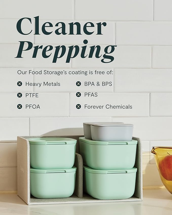 Caraway 6pc Food Storage Container Set - 1.75 Cup Glass Storage Container for Food (6) - Non-Toxic Ceramic-Coated Glass - Air Release Technology - Compact & Stackable Design - Sage