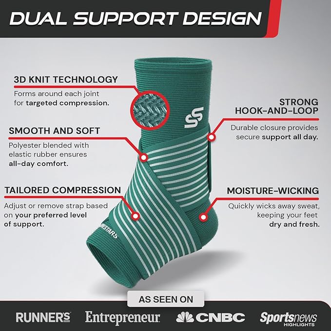 Sleeve Stars Ankle Brace for Women & Men, Ankle Wrap for Sprain, Compression Sleeve for Plantar Fasciitis Relief, Easy Customizable Support: w/ Removable Strap (Single/M:10"-12"/Turquoise)