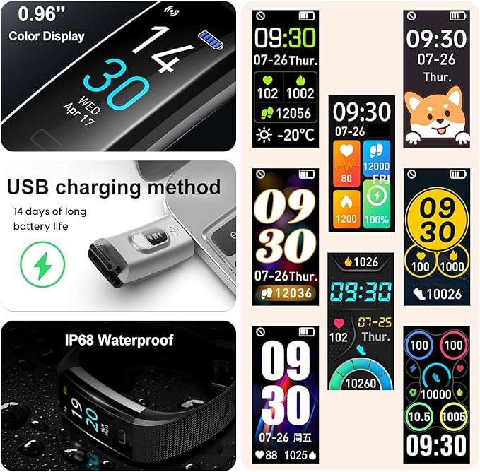 ENGERWALL Fitness Tracker with Step Counter/Calories/Stopwatch, Activity Tracker with Heart Rate Monitor, IP68, Health Tracker with Sleep Tracker, Smartwatch, Pedometer Watch for Women Men Kids