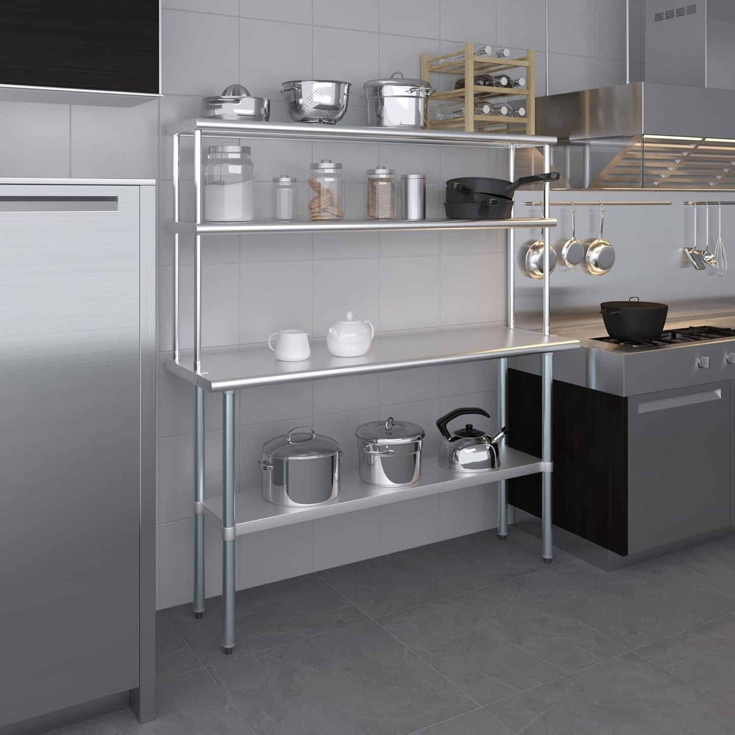 Amgood Stainless Steel Work Table Double Tier Overshelf | Metal Kitchen Prep Table & Shelving Combo (18" x 60" Work Table + 12" Overshelf)