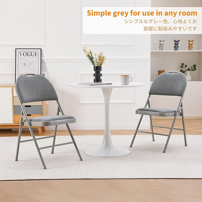 BOOSDEN Folding Chairs Set of 2, Heavy Duty Metal Folding Chairs with Padded Fabric Seats, Big Backrest Foldable Chair for Outdoor & Indoor & Dining & Party, Grey