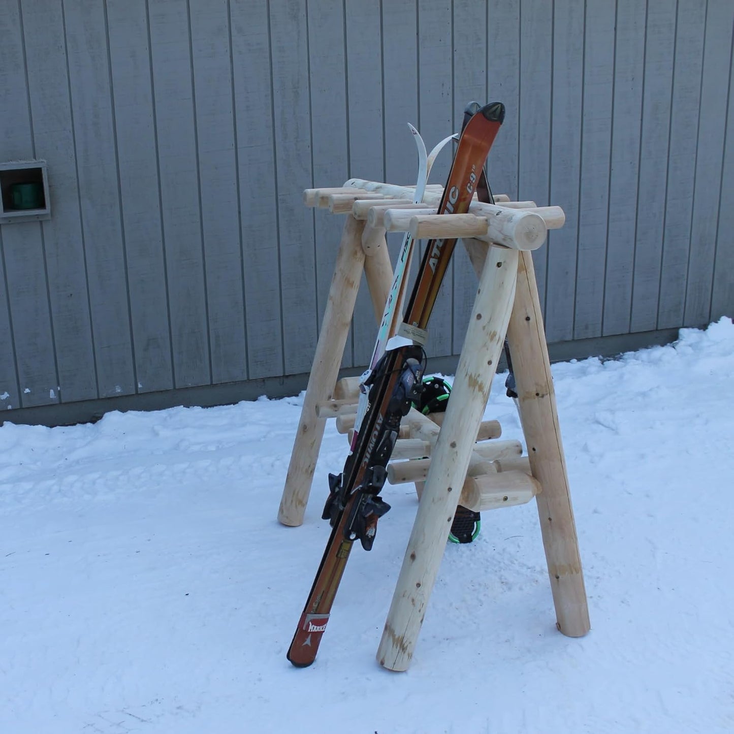 13-Place Freestanding Log Ski Rack Holder, Indoor & Outdoor Snowboard Racks, Standing Storage, Garage Racks for Snow Skis & Poles, Snowboard Rack Garage Storage Organizer - Natural + 15" Anchor Kit