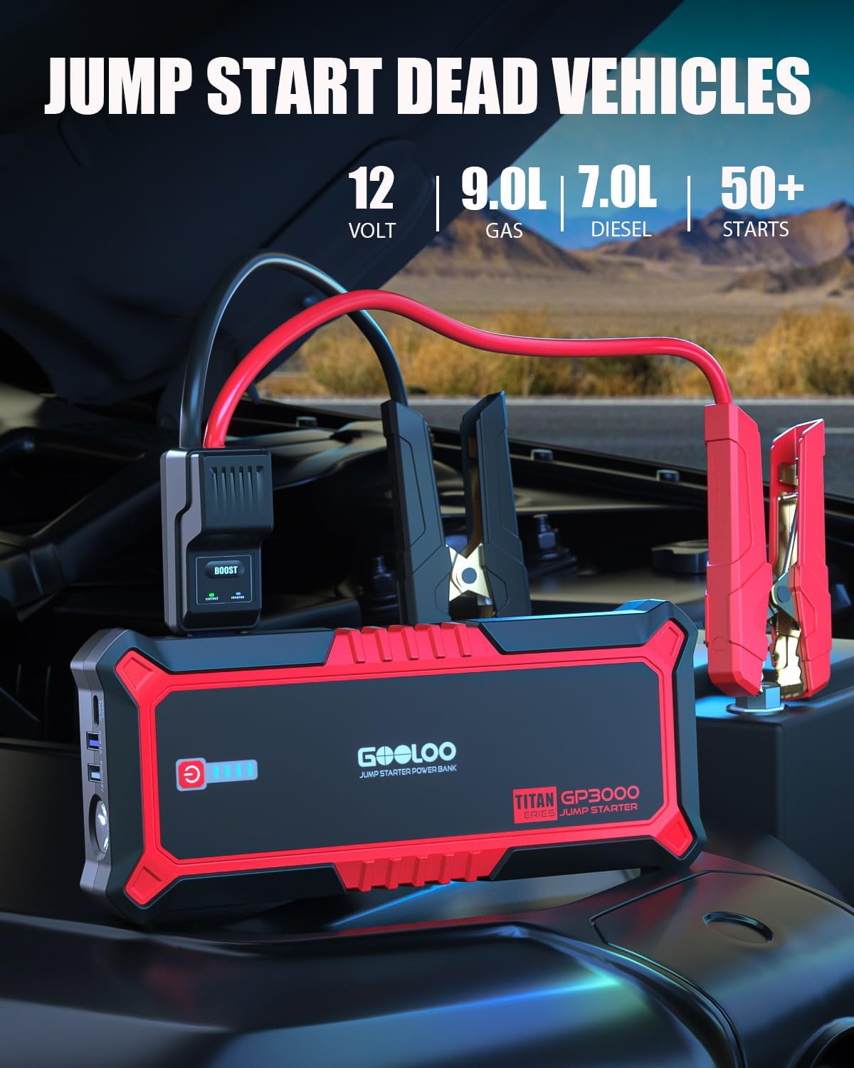 GOOLOO Upgraded GP3000 Jump Starter 3000A Peak Car Starter (Up to 9L Gas or 7L Diesel Engine) 12V Jump Box Auto Lithium Battery Booster SuperSafe Portable Power Pack with USB Quick Charge, Type-C Port