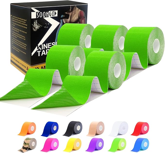 Kinesiology Tape Pro 5 Rolls, 2 Inch High Elasticity Sports Tape Therapeutic Pain Relief–Physio Tape for Muscle Recovery & Joint Support, Waterproof & Hypoallergenic & Breathable–Green