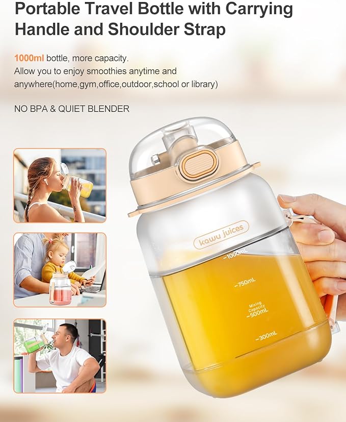 kawu Portable Blender, Portable Smoothie Blender On the Go, No-BPA, Portable Blenders for Shakes and Smoothies Leakproof-Lid and Sip Spout, USB-C Rechargeable, Recipes, with Handle/Strap, White