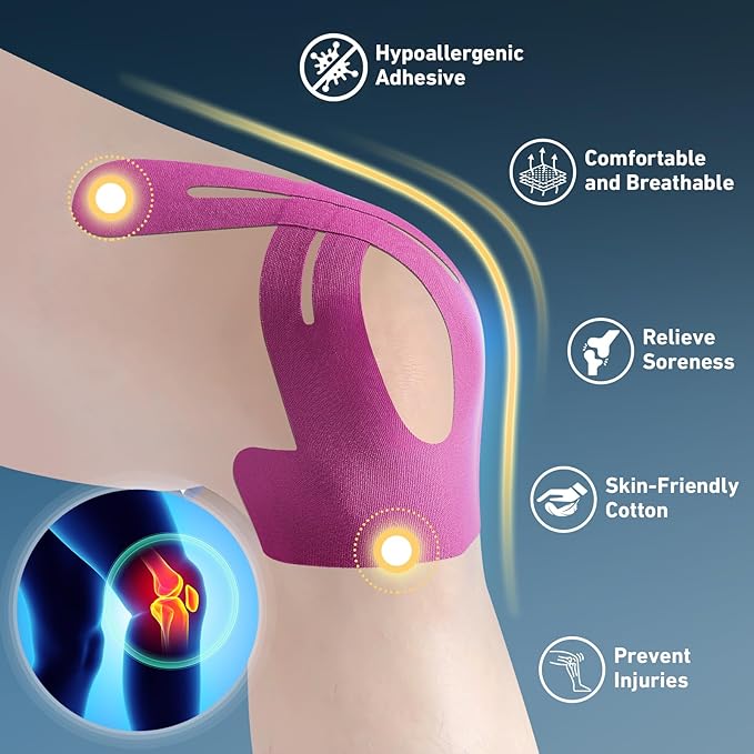 Kinesiology Tape for Knees Pre Cut, 12 PCS Upgrade KTQUICK Knee Tape For Knee Pain Relief Pre Cut, Original Cotton Knee Tape, Flexible & Durable Sports Tape for Support & Comfort During Workouts, Pink