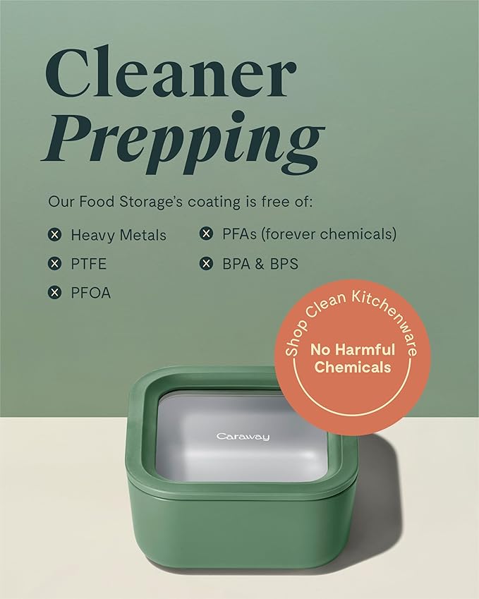 Caraway 2pc Glass Food Storage Set - 4.4 Cup Food Containers (2) - Ceramic Coated - Non Toxic, Non Stick Lunch with Lids - Dishwasher, Oven, & Microwave Safe - Mist