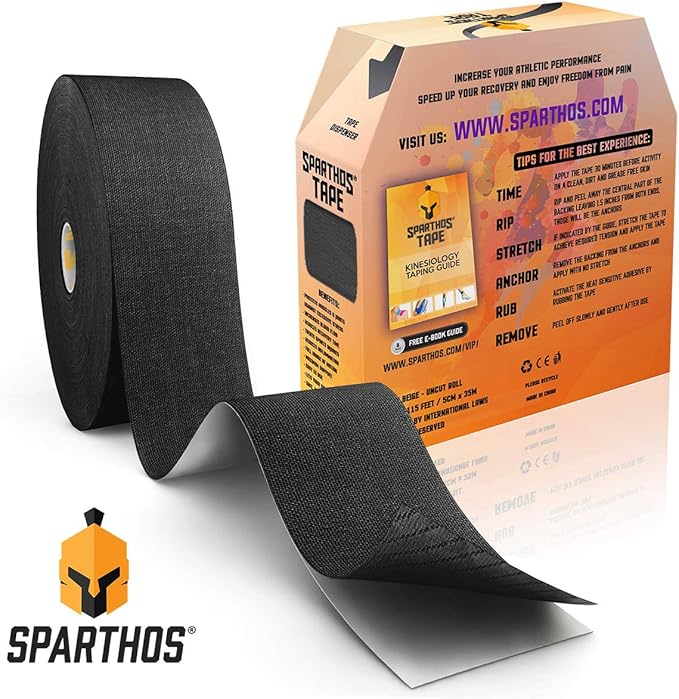 Spartan Tape Kinesiology Tape - Bulk Large Clinical Jumbo - Free Kinesio Taping Guide! Support for Pro Athletic Sports and Recovery - Rocktape Rock Kinesiotape - Uncut 115 ft Roll (Black)