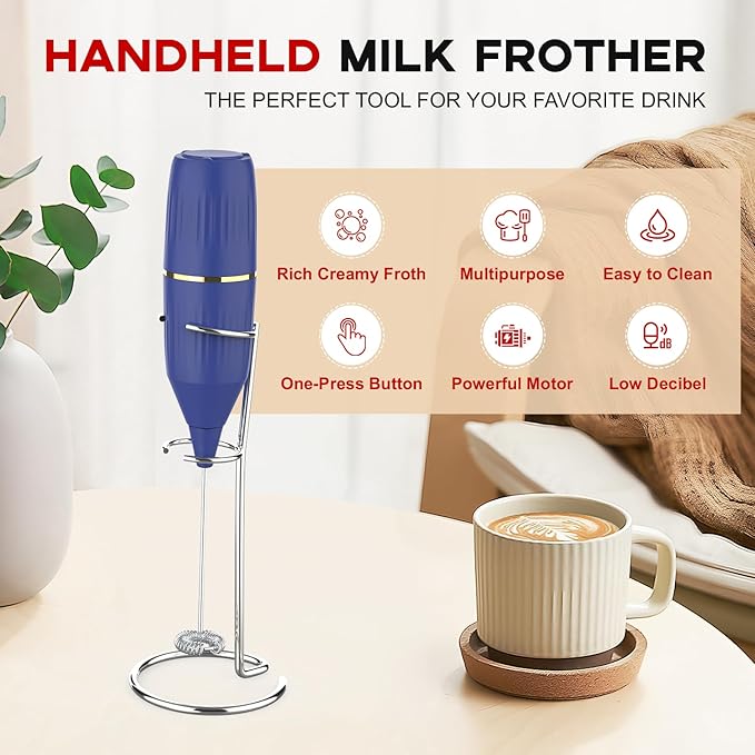 Handheld Milk Frother 14,000 RPM Drink Mixer Wand with Stand & Stirring Spoon Quiet One-Button Operation, Non-Slip Handle, Detachable Whisk Head for Coffee, Lattes, Cappuccinos, Matcha (Blue)