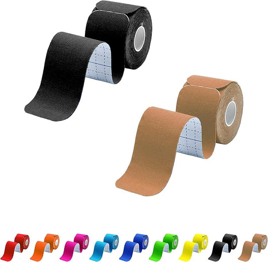Kinesiology Tape Precut 2 Rolls Pack, Athletic Tape for Muscle Joints Support, 40 Strips for Knee Ankle Shoulder Back, Latex Free and Water Resistant, Black+Beige